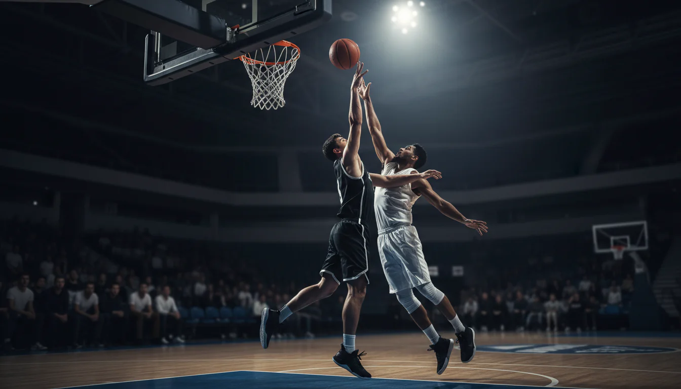 Basketball-Verteidiger blockt einen Wurf am Korb während eines intensiven Spiels