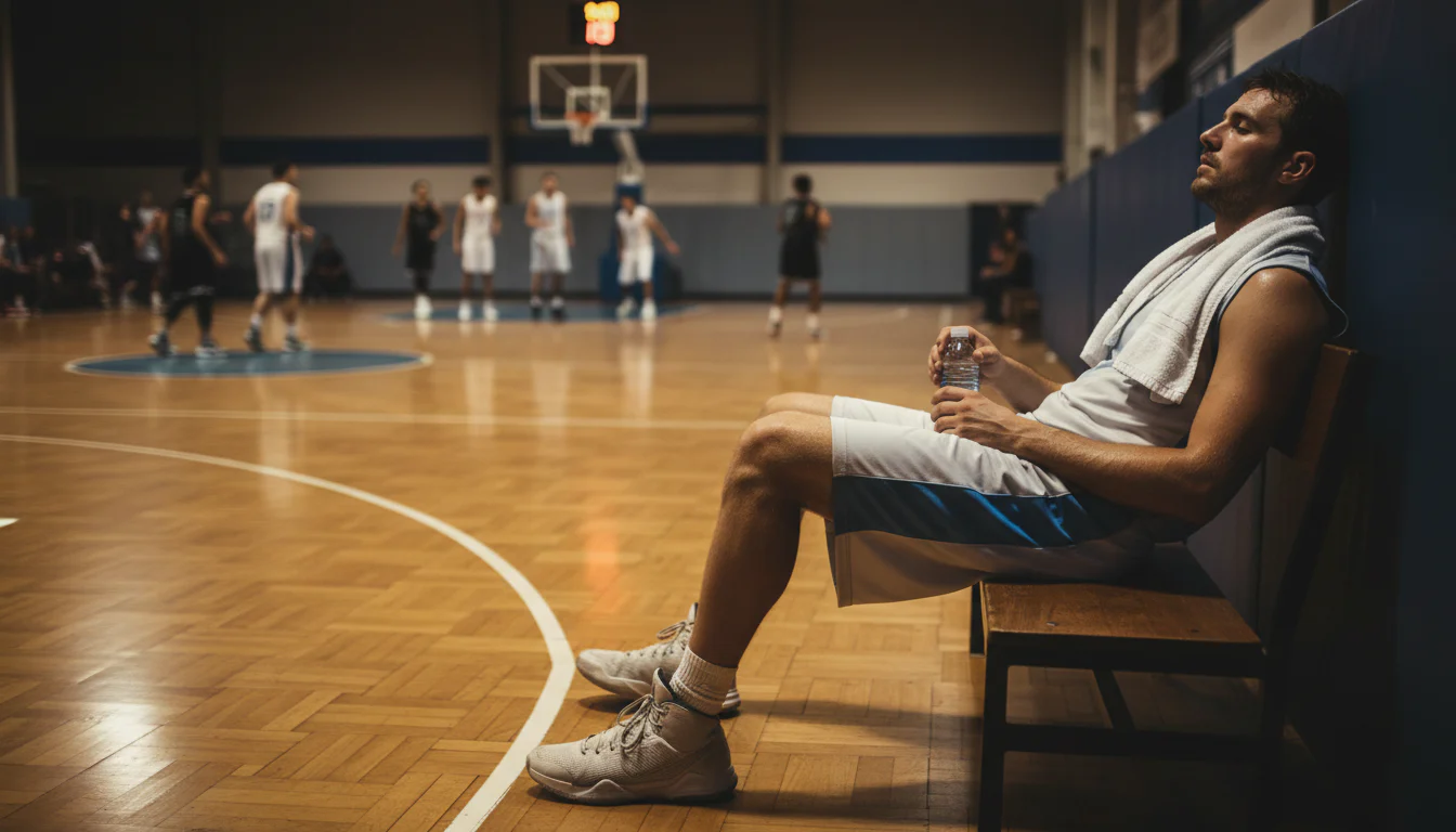 Erschöpfter Basketball-Spieler sitzt auf der Bank und trinkt Wasser am Spielfeldrand