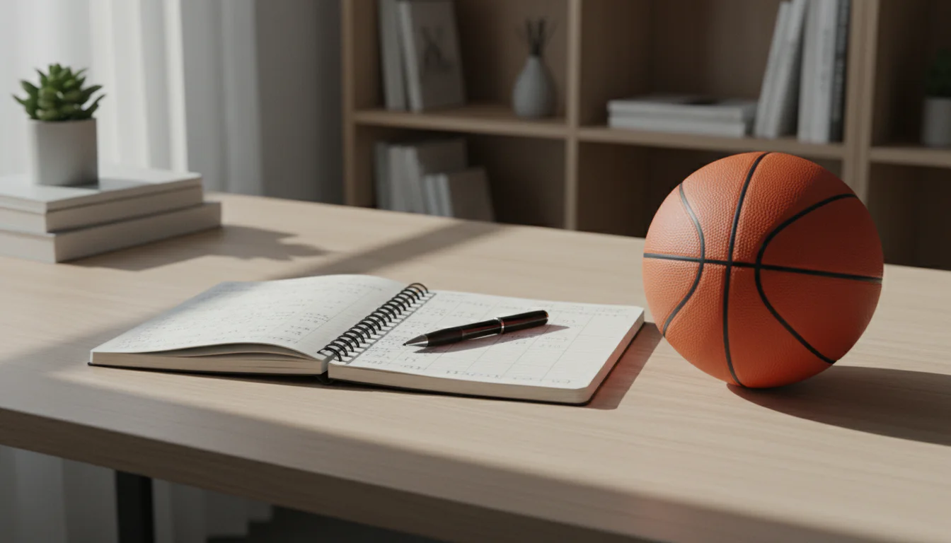 Notizbuch mit Kugelschreiber neben einem Basketball auf einem ordentlichen Schreibtisch