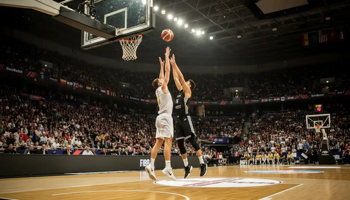 Nationalmannschafts-Basketball bei der Eurobasket in einer großen Turnierhalle
