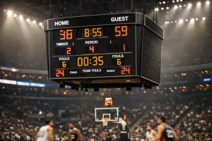 Nahaufnahme eines Basketballspielers beim Wurf unter dem Korb während eines NBA-Spiels
