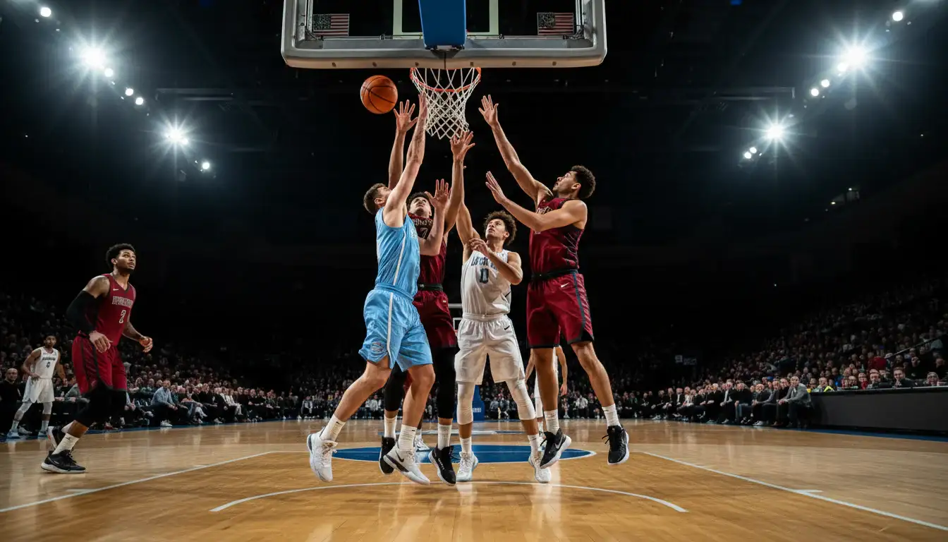 Mehrere Basketball-Spieler verschiedener Teams in Aktion auf dem Spielfeld