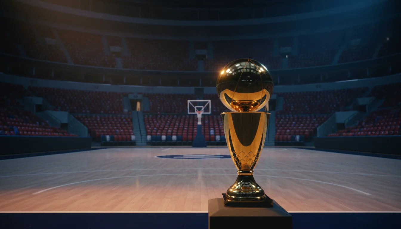 Basketball-Meisterschaftspokal auf einem Podest am Spielfeldrand einer großen Arena