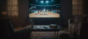 Person schaut ein Basketball-Spiel auf einem großen Bildschirm in einem Wohnzimmer