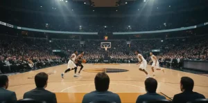 Laufendes Basketball-Spiel aus der Zuschauerperspektive mit dynamischer Spielszene
