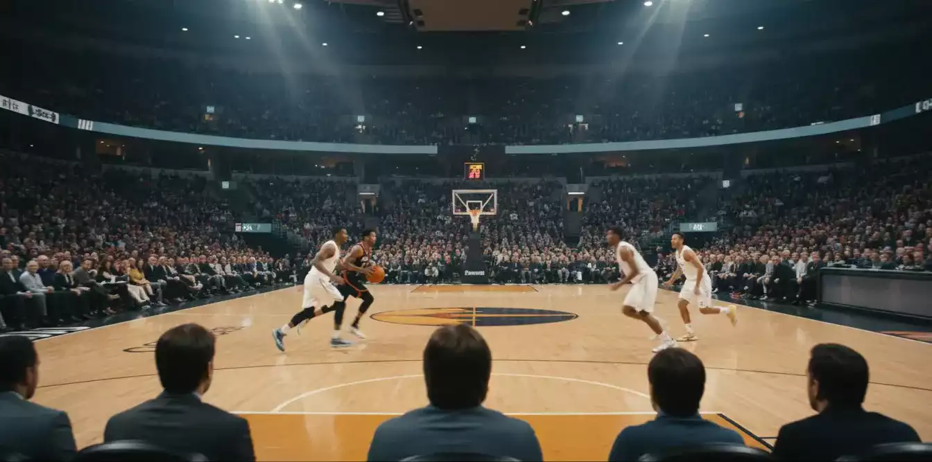 Laufendes Basketball-Spiel aus der Zuschauerperspektive mit dynamischer Spielszene