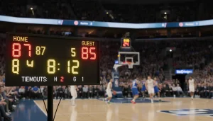 Basketball-Anzeigetafel mit Spielstand in einer hell erleuchteten Arena