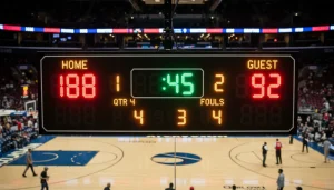 Nahaufnahme einer beleuchteten Anzeigetafel in einer Basketball-Arena mit Spielstand