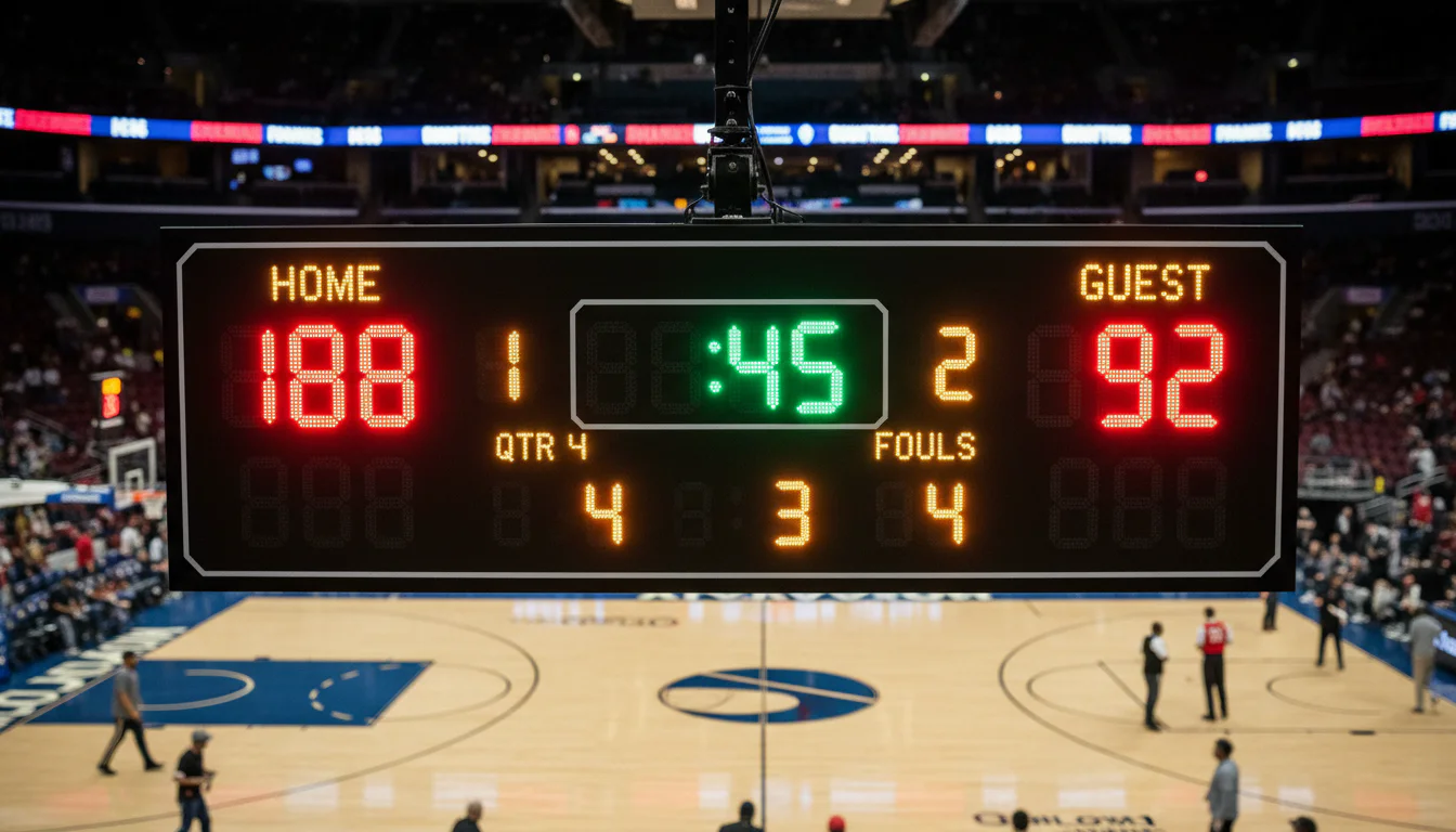 Nahaufnahme einer beleuchteten Anzeigetafel in einer Basketball-Arena mit Spielstand