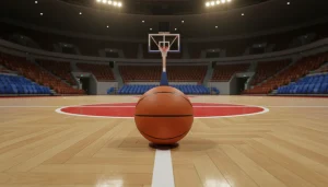 Basketball liegt auf dem Hartholzparkett eines leeren Spielfelds mit Korb im Hintergrund