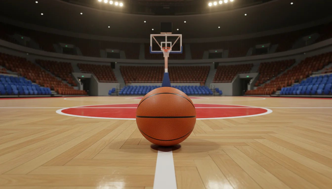 Basketball liegt auf dem Hartholzparkett eines leeren Spielfelds mit Korb im Hintergrund
