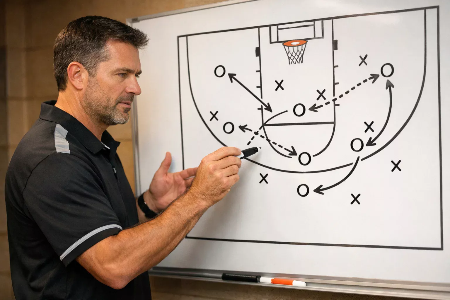 Basketballtrainer analysiert Spielzüge auf einem Taktikboard mit Spielerpositionen