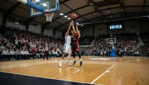 Basketball-Spielszene in einer kompakten deutschen Sporthalle mit Fans auf der Tribüne