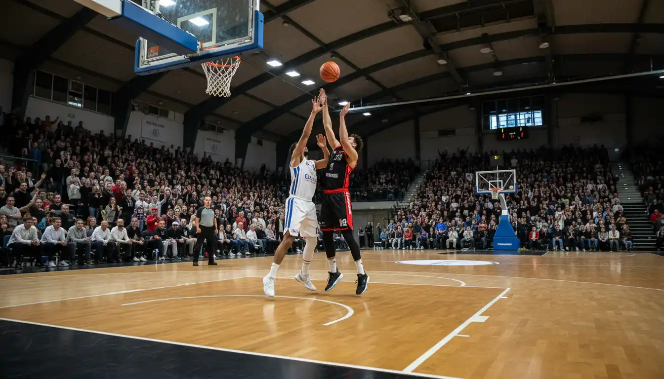 Basketball-Spielszene in einer kompakten deutschen Sporthalle mit Fans auf der Tribüne