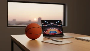 Basketball auf einem Schreibtisch neben einem Laptop mit Arena-Beleuchtung im Hintergrund