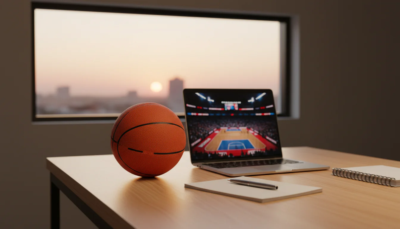 Basketball auf einem Schreibtisch neben einem Laptop mit Arena-Beleuchtung im Hintergrund