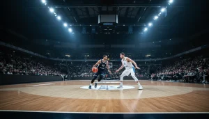 Europäisches Basketball-Spiel in einer großen Arena mit stimmungsvoller Beleuchtung