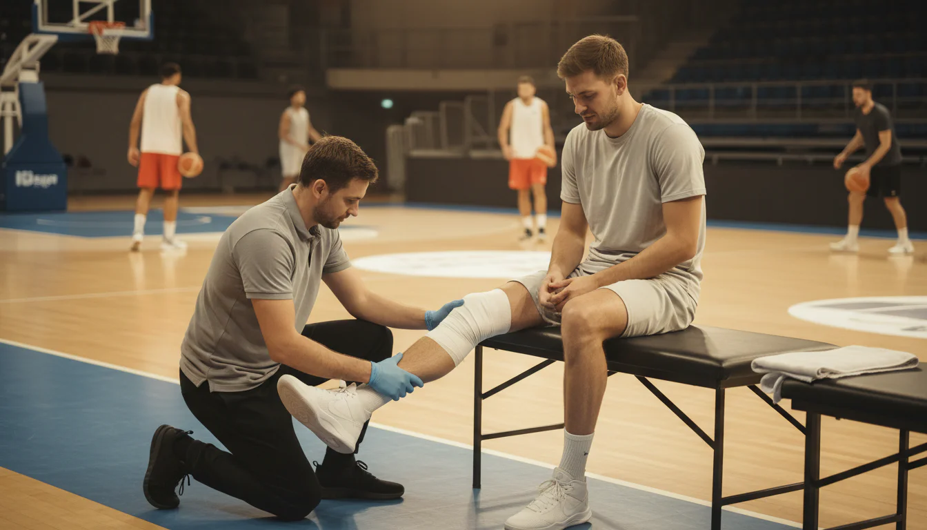 Basketball-Spieler wird am Spielfeldrand von einem Physiotherapeuten am Knie behandelt