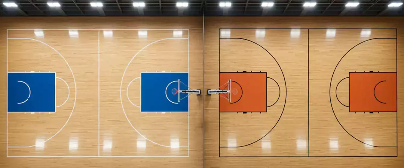 Zwei verschiedene Basketball-Spielfelder nebeneinander mit unterschiedlichen Markierungen