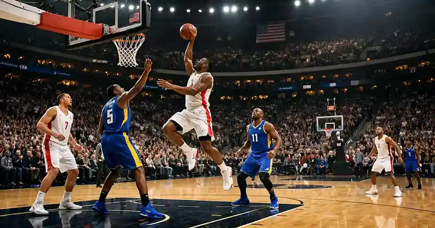 NBA Basketball-Arena mit Blick aufs Spielfeld während eines Spiels