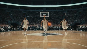 Schneller Gegenangriff im Basketball mit Spielern in voller Bewegung auf dem Parkett