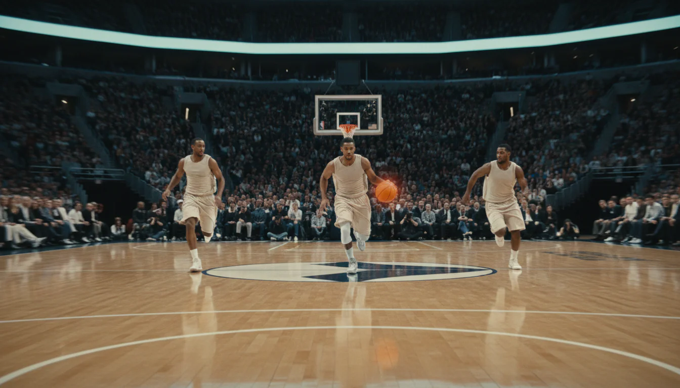 Schneller Gegenangriff im Basketball mit Spielern in voller Bewegung auf dem Parkett