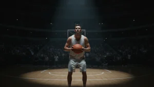 Basketball-Spieler beim Freiwurf an der Freiwurflinie in einer hell erleuchteten Arena