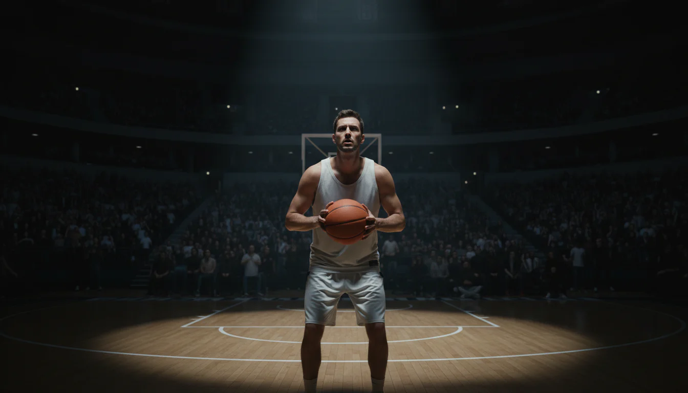 Basketball-Spieler beim Freiwurf an der Freiwurflinie in einer hell erleuchteten Arena
