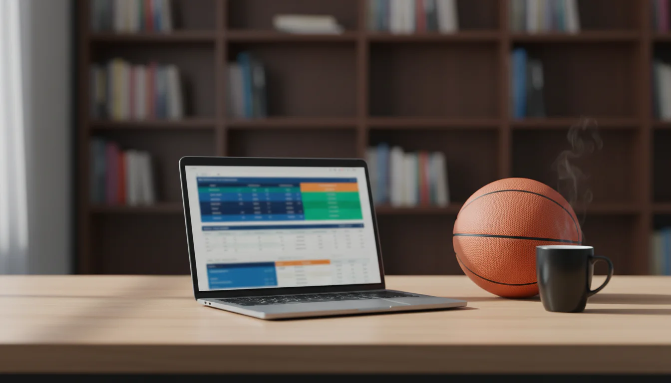 Laptop mit Basketball-Statistiken auf dem Bildschirm neben einem Basketball