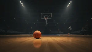 Basketball rollt neben dem Korb über das Spielfeld nach einem verfehlten Wurf