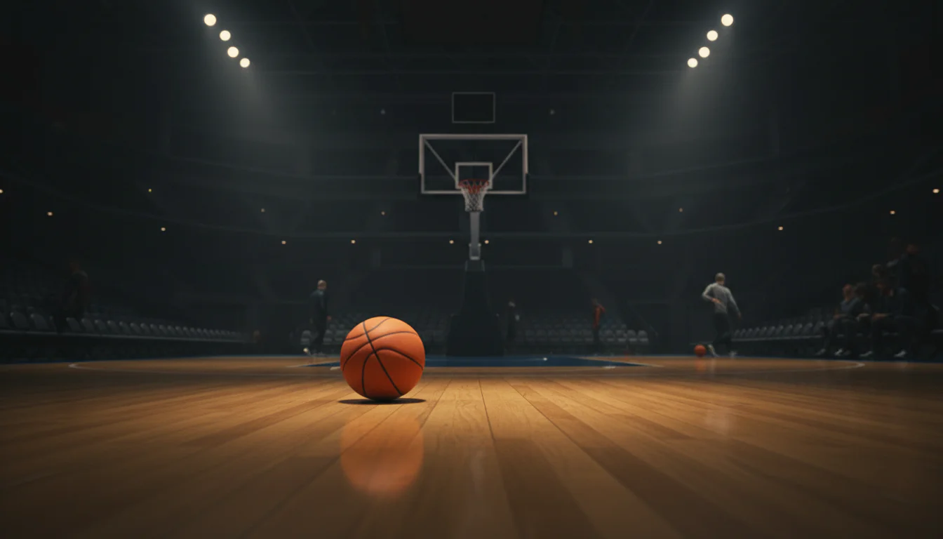 Basketball rollt neben dem Korb über das Spielfeld nach einem verfehlten Wurf