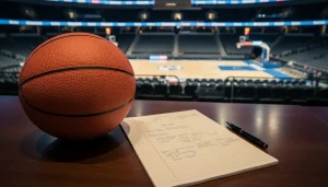 Detailaufnahme eines Basketballs neben einem Notizblock auf einem Tisch mit Arena im Hintergrund