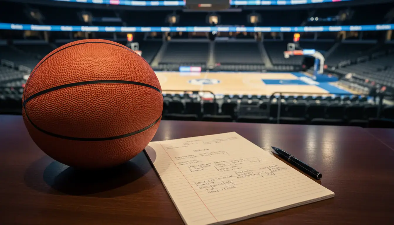 Detailaufnahme eines Basketballs neben einem Notizblock auf einem Tisch mit Arena im Hintergrund