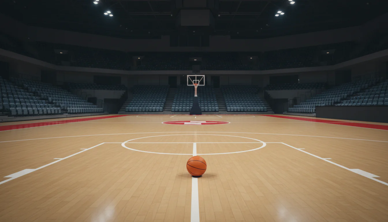 Ruhige Basketball-Halle mit leerem Spielfeld und sanfter Beleuchtung von oben