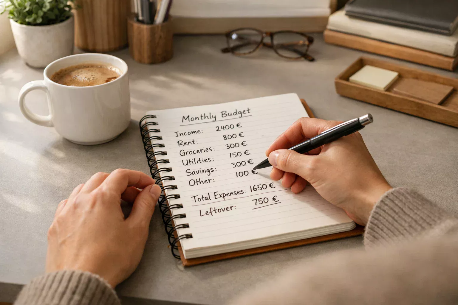 Person plant Budget am Schreibtisch mit Notizbuch und Stift für Sportwetten